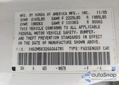 2006 Honda Accord 2.4 Se из США, поврежденный, VIN 1HGCM56326A044781